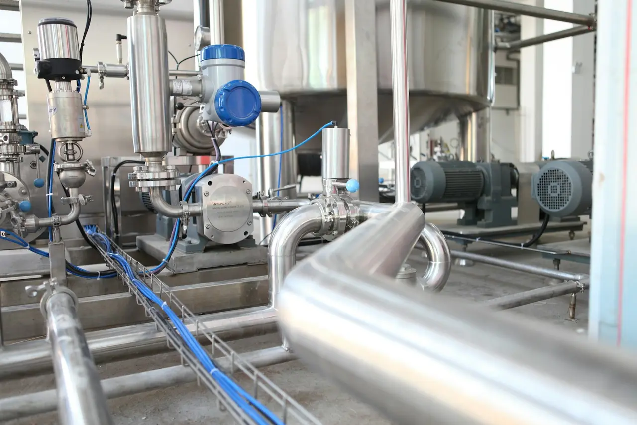 Stainless steel pipework, valves and instrumentation in a plant room